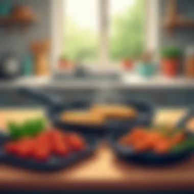 Different grill pan materials arranged on a kitchen countertop.