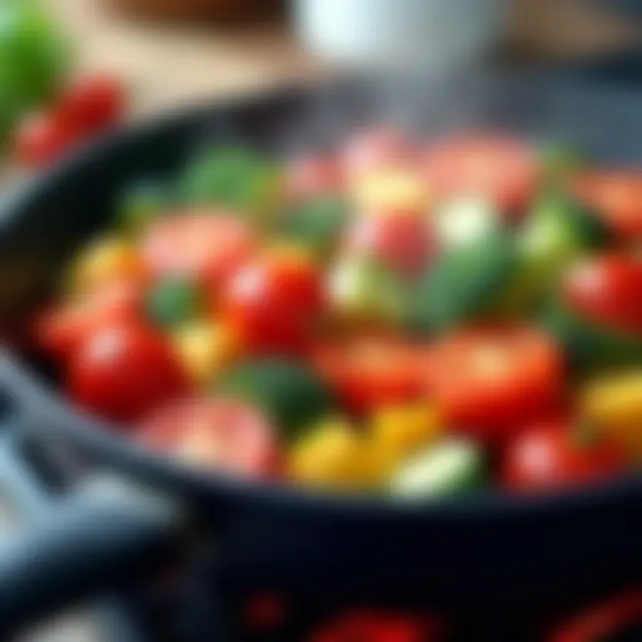 Close-up of a non-stick grill pan with assorted veggies sizzling.