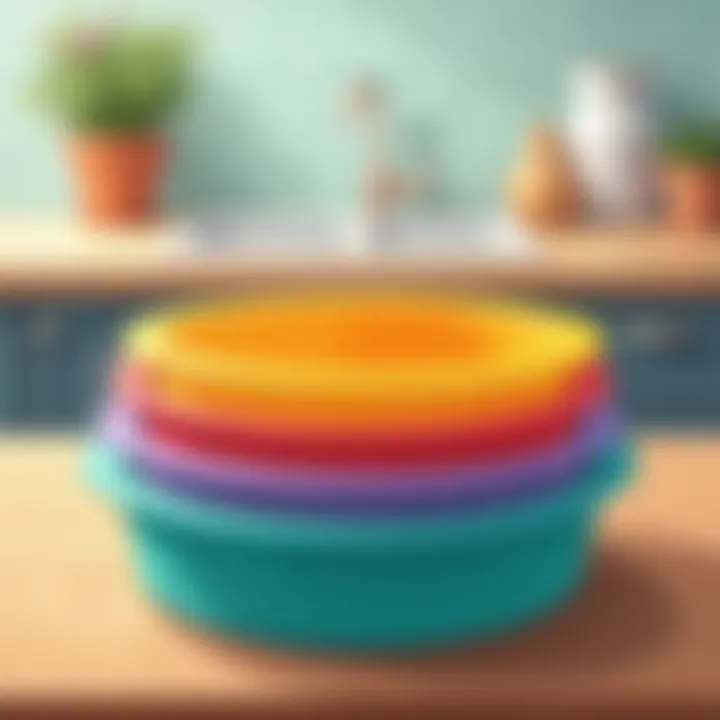 A silicone cake pan in vibrant colors placed on a wooden table