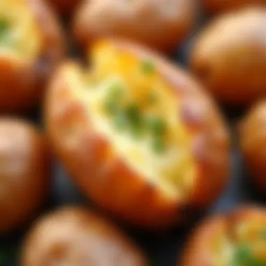 A close-up of perfectly baked potatoes with crispy skin and fluffy interior