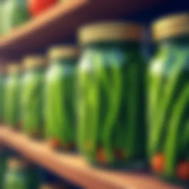 Jars of pickled green beans on a shelf