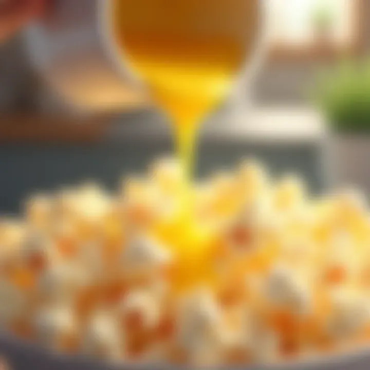 A close-up of popcorn with melted butter drizzling