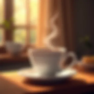 An elegant coffee cup with steam rising, set against a cozy backdrop