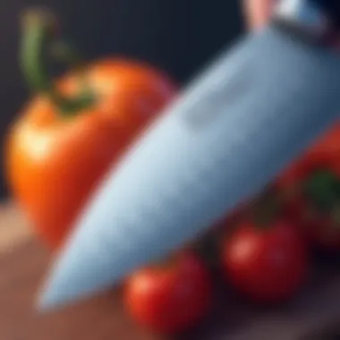 Close-up of a sharp chef's knife showcasing its blade material.