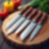 An array of premium kitchen knives arranged on a wooden cutting board.