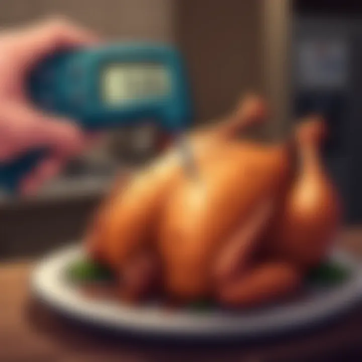 A digital thermometer measuring the temperature of smoked turkey