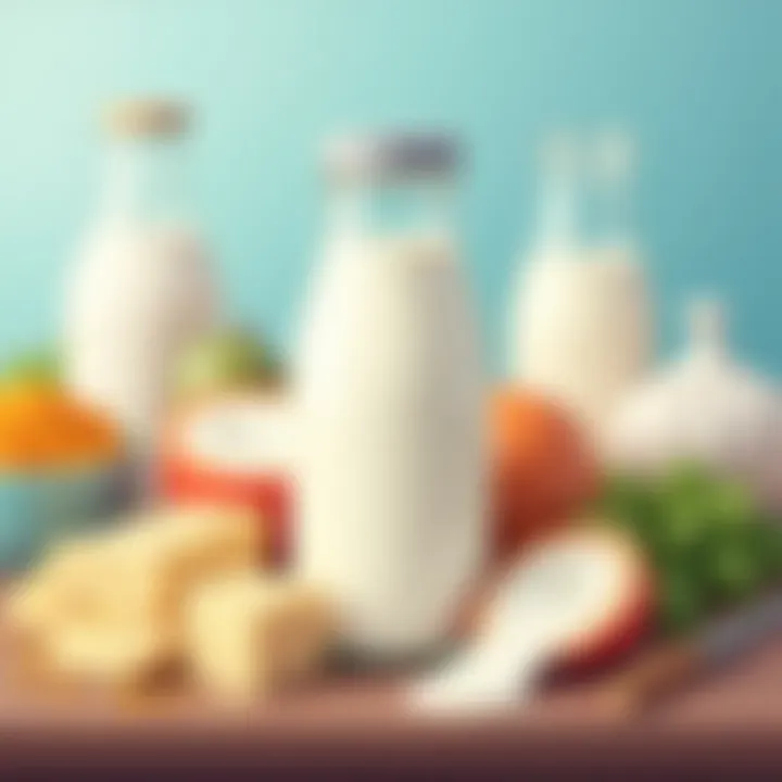 A beautifully arranged table featuring whole milk among various dairy products.