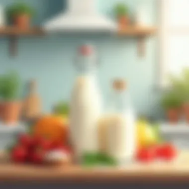 A serene kitchen scene showcasing whole milk alongside fresh ingredients.